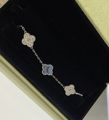 [LUCKY LOVE]CLOVER  5 MOTIF DIAMOND PURPLE CHALCEDONY BRACELET SILVER
