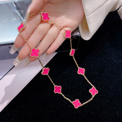 [LUCKY LOVE]NEW CLOVER 10 MOTIFS PINK ENAMEL NECKLACE