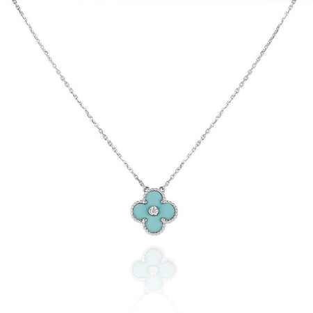 [LUCKY LOVE]CLOVER 1 DIAMOND LIGHT BLUE SILVER NECKLACE