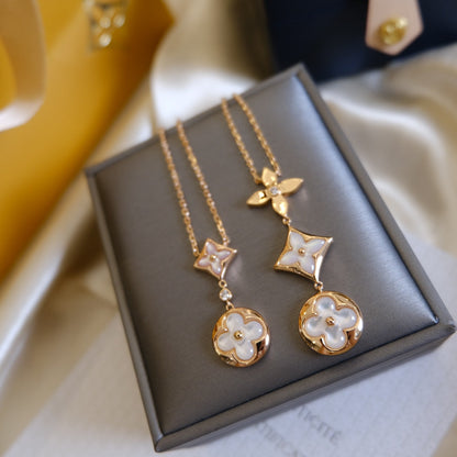 [LUCKY LOVE]COLOR BLOSSOM LARIAT NECKLACE PINK GOLD WHITE MOTHER PEARL AND DIAMOND