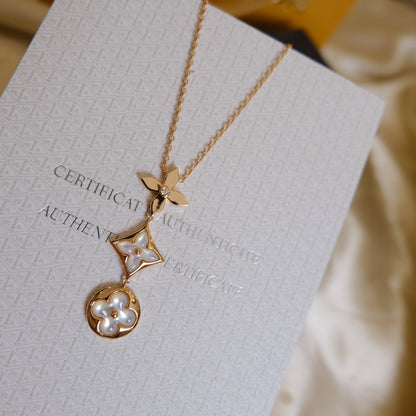 [LUCKY LOVE]COLOR BLOSSOM LARIAT NECKLACE PINK GOLD WHITE MOTHER PEARL AND DIAMOND