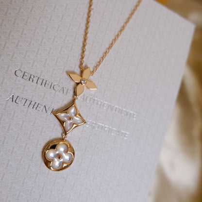 [LUCKY LOVE]COLOR BLOSSOM LARIAT NECKLACE PINK GOLD WHITE MOTHER PEARL AND DIAMOND