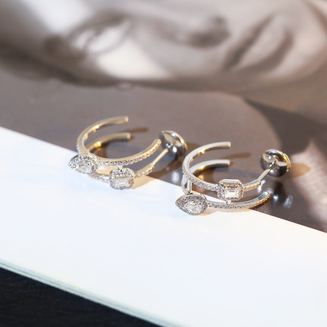 [LUCKY LOVE]CREOLES MY TWIN 2 RANGS SILVER DIAMOND EARRINGS