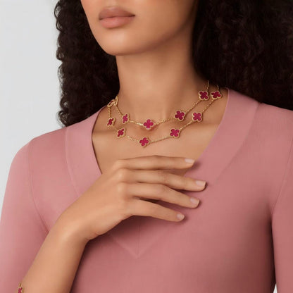 [LUCKY LOVE] NEW CLOVER 20 MOTIFS PINK ENAMEL NECKLACE