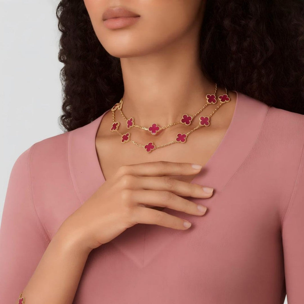 [LoveLucky]Clover Pink Enamel Necklace & Earring Jewelry Set