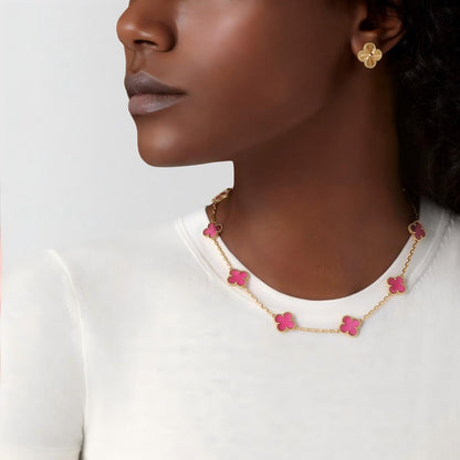 [LUCKY LOVE]NEW CLOVER 10 MOTIFS PINK ENAMEL NECKLACE