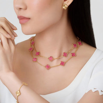 [LoveLucky]Clover Pink Enamel Necklace & Earring Jewelry Set