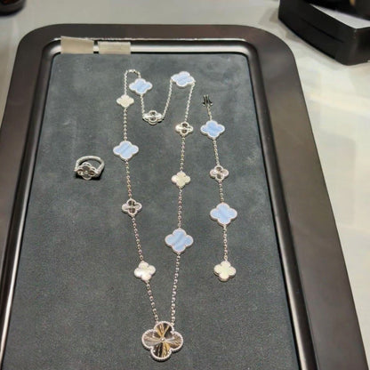 [LUCKY LOVE]DETACHABLE CLOVER 15(11+4) FLOWER SILVER NECKLACE SET