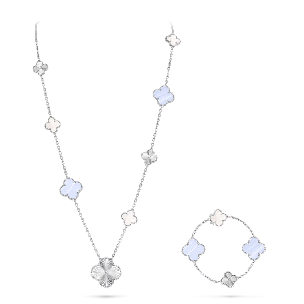 [LUCKY LOVE]DETACHABLE CLOVER 15(11+4) FLOWER SILVER NECKLACE SET