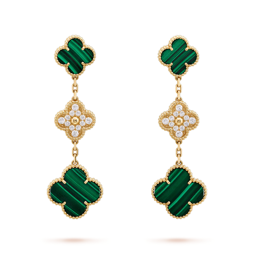 [LUCKY LOVE]CLOVER EARRINGS GOLD MALACHITE DIAMOND 3 MOTIF