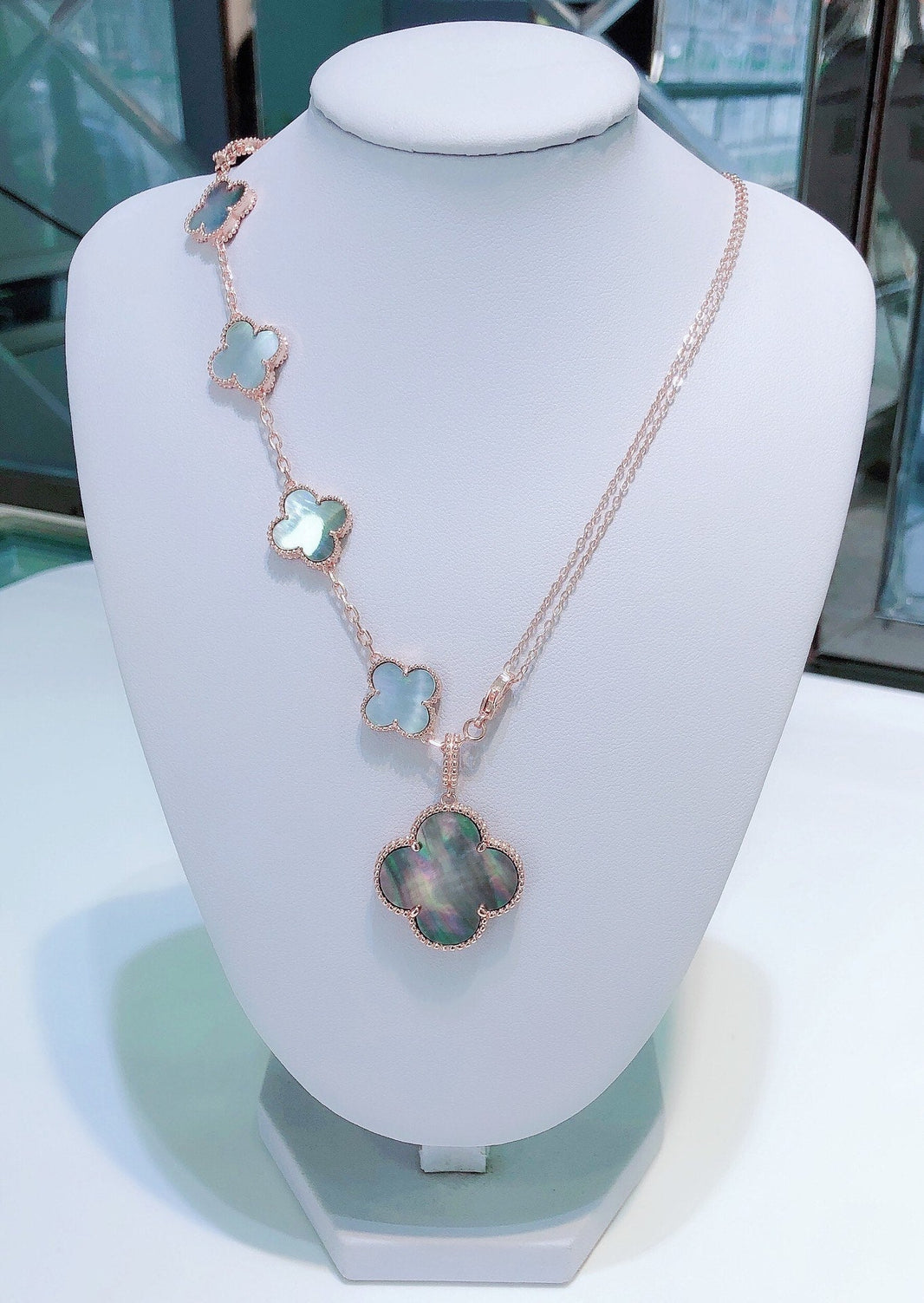 [LUCKY LOVE]COMBINED BRACELET 5 MOTIFS AND NECKLACE DARK MOP ROSE GOLD