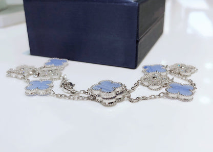 [LUCKY LOVE]CLOVER 10 MOTIFS CHALCEDONY DIAMONDS SILVER NECKLACE