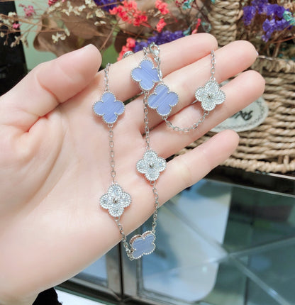 [LUCKY LOVE]CLOVER 10 MOTIFS CHALCEDONY DIAMONDS SILVER NECKLACE