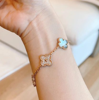 [LUCKY LOVE]CLOVER 5 MOTIFS DARK MOP AND DIAMONDS ROSE GOLD BRACELET